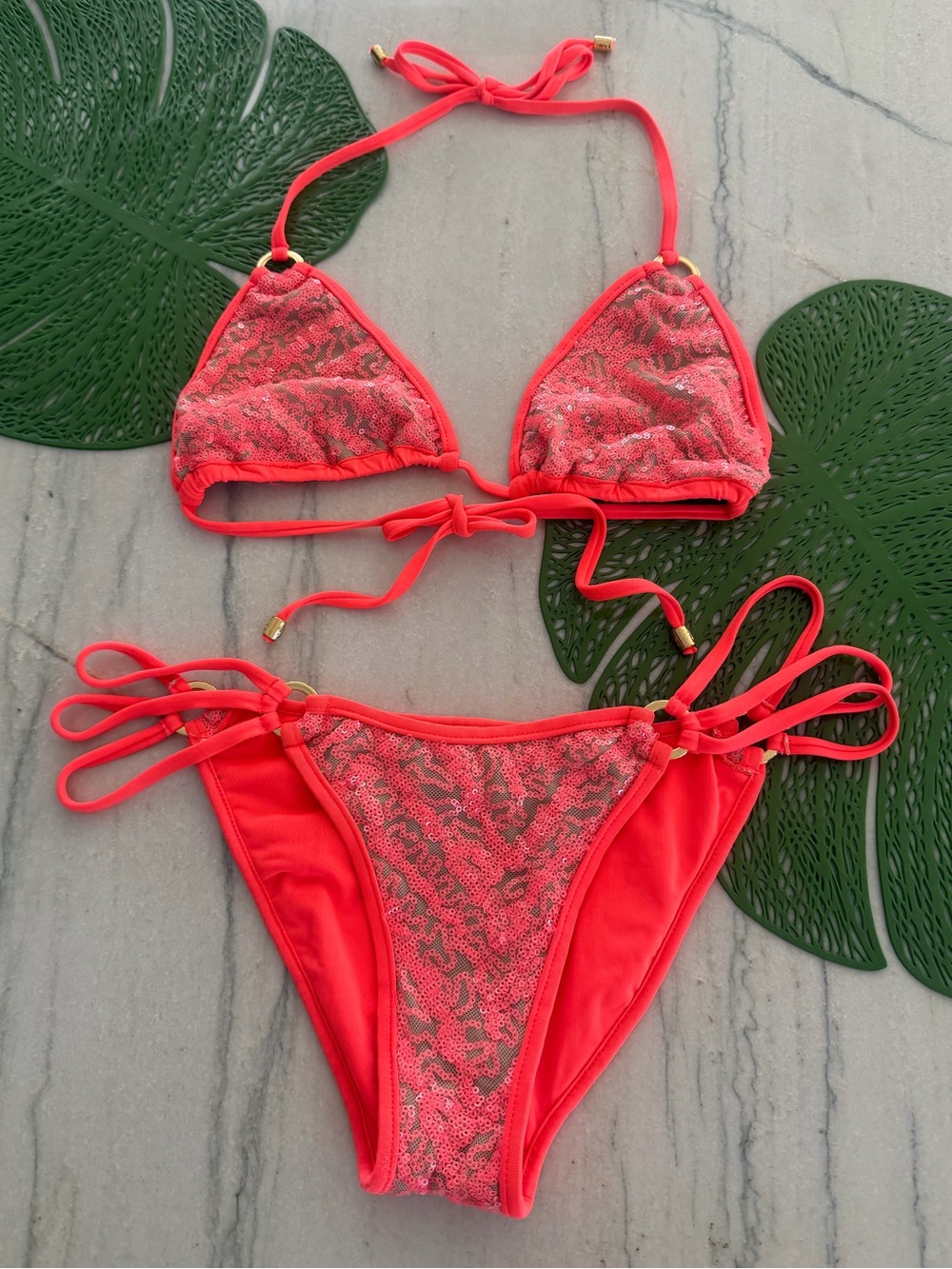 Beach Bunny Coral Sequin Swim Bikini Set